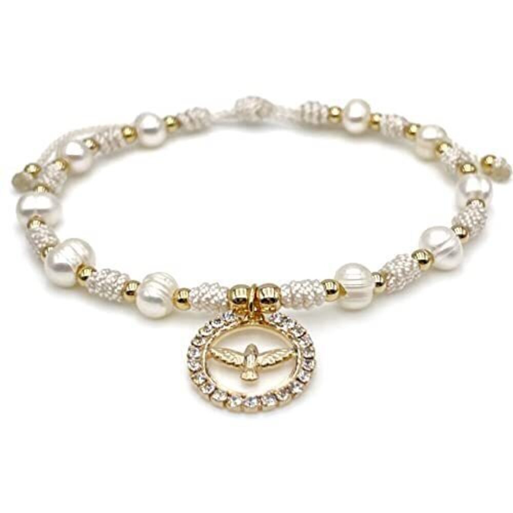 8038 Holy Spirit 18K Gold Plated CZ Pendant on Dainty Pearls Bracelet Charm